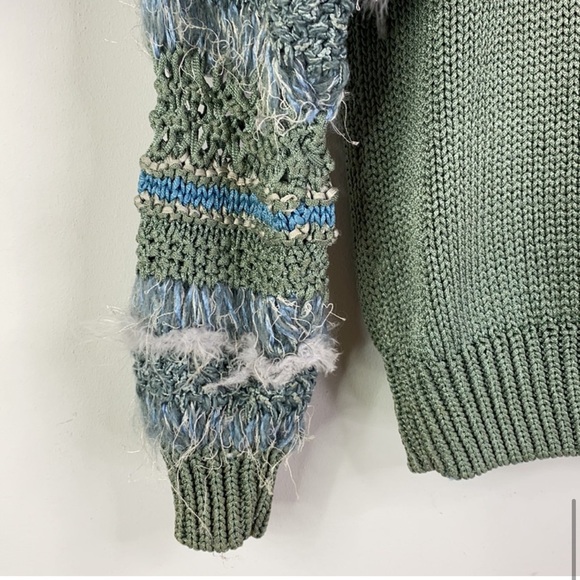 Homemade textured Sweater, muted green & blue size m/L w/feathers! nwt - Picture 9 of 10